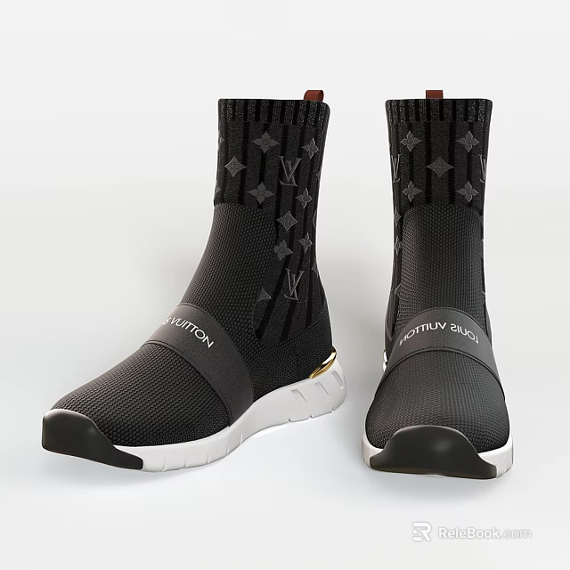 Black Knit Socks Shoes With Star Patterns Louis Vuitton Logo And White Soles 3d model 