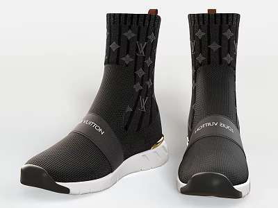 Black Knit Socks Shoes With Star Patterns Louis Vuitton Logo And White Soles 3d model