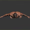 Shirtless Man With Arm Tattoos Standing In Gray Shorts And Arms Outstretched Against Gray Background