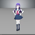 Anime Fictional Character With Purple Hair Red Eyes Blue Sailor Uniform And Pink Bow