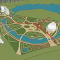Urban Park Landscape With River Green Trees Red Bridge Winding Paths And Distant Buildings