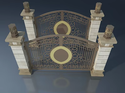 Classic Wrought Iron Swing Door With Ornate Patterns Stone Pillars And Lamp Posts 3d model