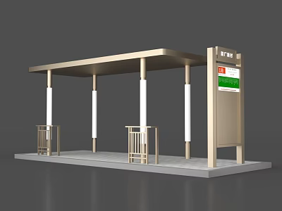 Bus Stop Road Facility With Shelter Roof White Columns And Information Board 3d model