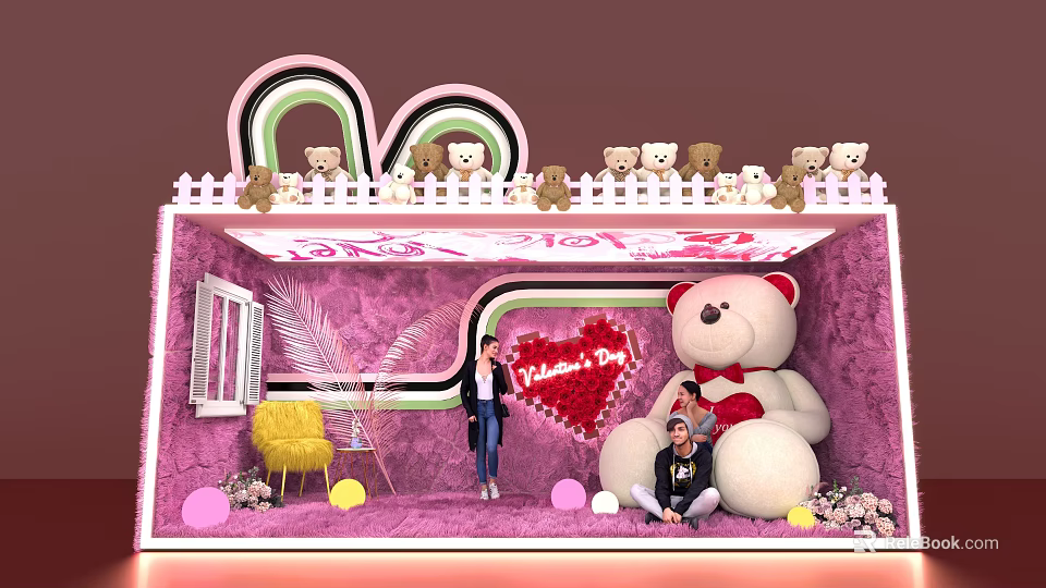 Pink Themed Photo Spot With Giant Teddy Bear Heart Decoration And People Taking 3d model 
