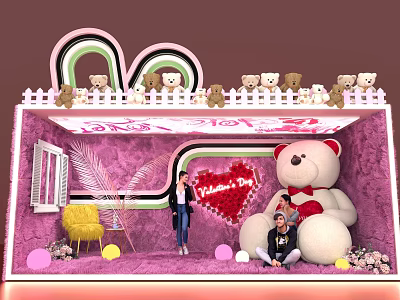 Pink Themed Photo Spot With Giant Teddy Bear Heart Decoration And People Taking 3d model