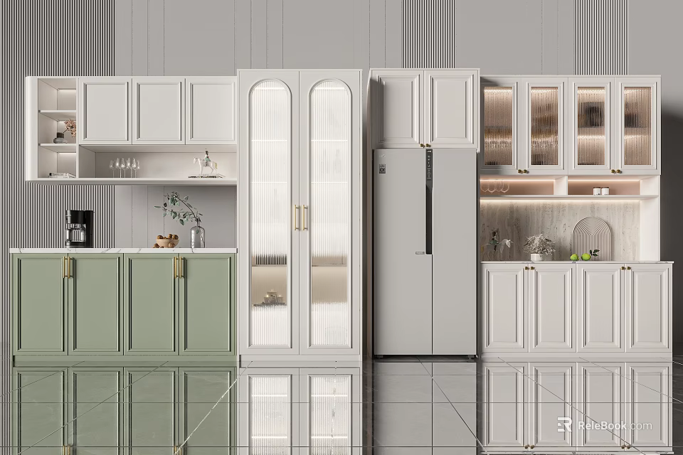 Modern White Wine Cabinet With Glass Doors And Metal Handles In Kitchen 3d model 
