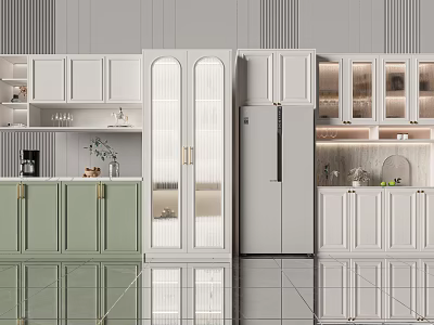 Modern White Wine Cabinet With Glass Doors And Metal Handles In Kitchen 3d model