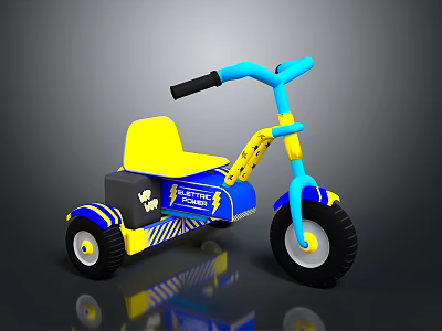 Kids Blue And Yellow Police Themed Tricycle Ride On Toy With Handle And Wheels 3d model