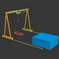 Yellow Gantry Crane Setup With Red Cylindrical Object And Blue Cuboid Structure
