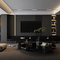 Modern Living Room Interior With Red Sofa Circular Moon Decoration Black Walls And Green Plant
