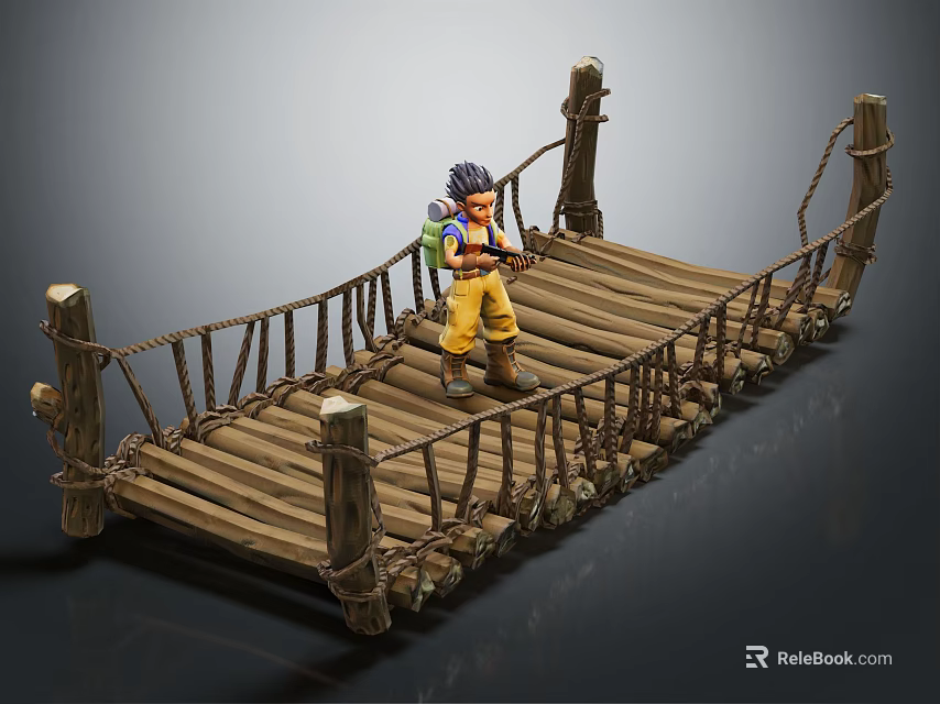 Wooden Rope Bridge With Railings And Adventurous Character Standing On 3d model 
