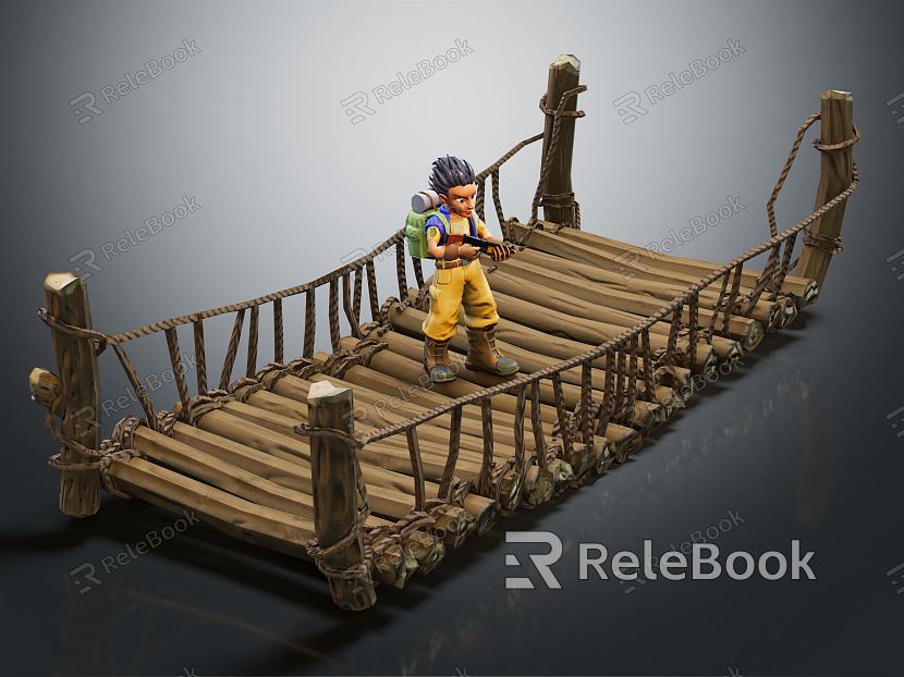 Modern bridge wooden cable bridge cartoon battle model