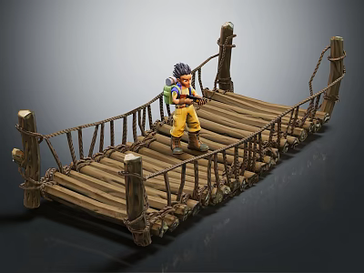 Wooden Rope Bridge With Railings And Adventurous Character Standing On 3d model