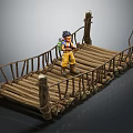 Wooden Rope Bridge With Railings And Adventurous Character Standing On