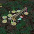 Outdoor Scene Featuring Long Structure Yellow Circular Markers Parked Vehicles On Green Brown Terrain