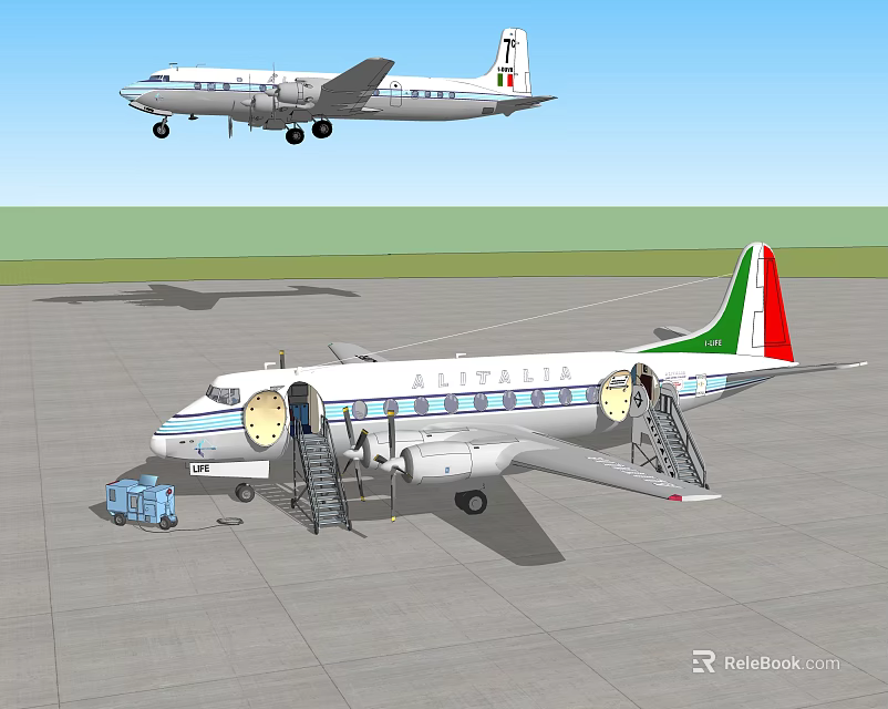 Flying and Grounded Passenger Aircraft With Boarding Stairs And Service Vehicle 3d model 