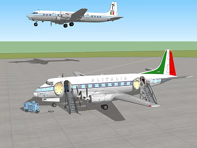 Flying and Grounded Passenger Aircraft With Boarding Stairs And Service Vehicle 3d model