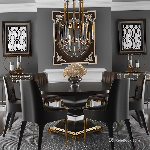 Elegant Modern Black Gold Round Dining Table Set With Leather Chairs Metal Base Chandelier And Decorative Paintings 3d model 