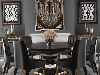 Elegant Modern Black Gold Round Dining Table Set With Leather Chairs Metal Base Chandelier And Decorative Paintings 3d model