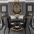 Elegant Modern Black Gold Round Dining Table Set With Leather Chairs Metal Base Chandelier And Decorative Paintings