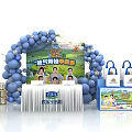Colorful Food Event Entrance With Blue Balloon Arch Display Table And Shopping Bags