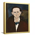 Framed Woman Portrait Painting with Curly Brown Hair Dark Dress and Light Blue Background