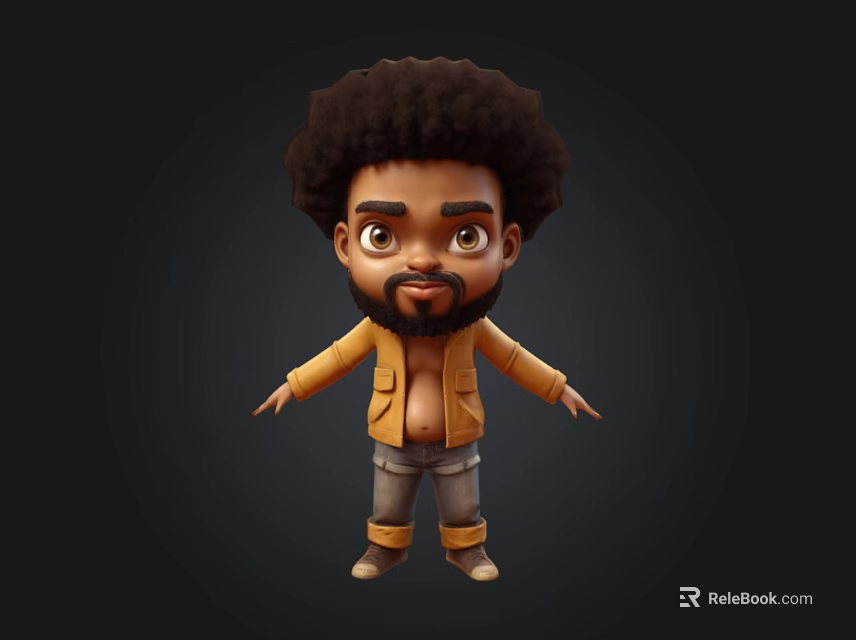 3D Cartoon Character With Curly Hair Beard Yellow Jacket And Gray Pants 3d model 
