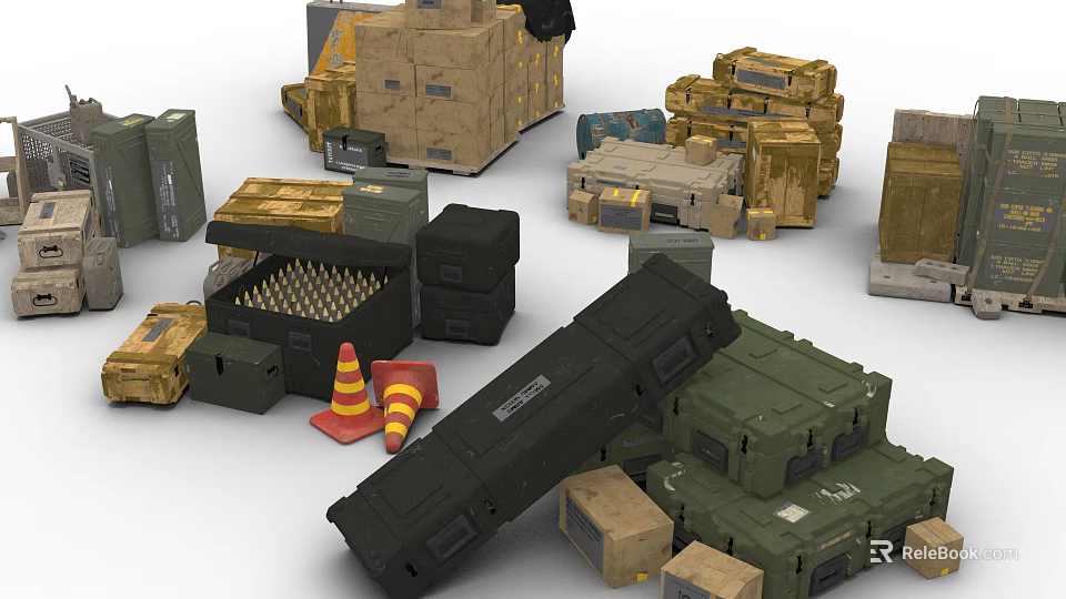 Military Logistics Supplies Including Stacked Crates Ammunition Boxes And Traffic Cones 3d model 