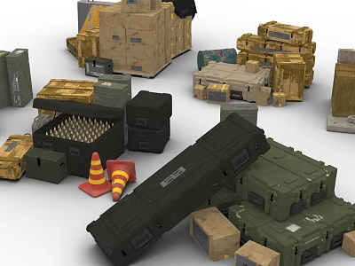 Military Logistics Supplies Including Stacked Crates Ammunition Boxes And Traffic Cones 3d model