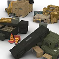 Military Logistics Supplies Including Stacked Crates Ammunition Boxes And Traffic Cones