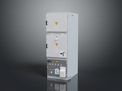 Grey Metal Computer Control Cabinet With Multiple Lockable Doors And Warning Signs 3d model