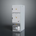 Grey Metal Computer Control Cabinet With Multiple Lockable Doors And Warning Signs