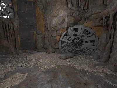 Industrial Cave Interior With Rock Walls Mechanical Wheel And Gravel Floor 3d model