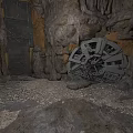 Industrial Cave Interior With Rock Walls Mechanical Wheel And Gravel Floor