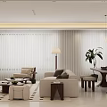 Modern Living Dining Room Interior Design With Beige Sofa Round Coffee Tables And Bookshelves