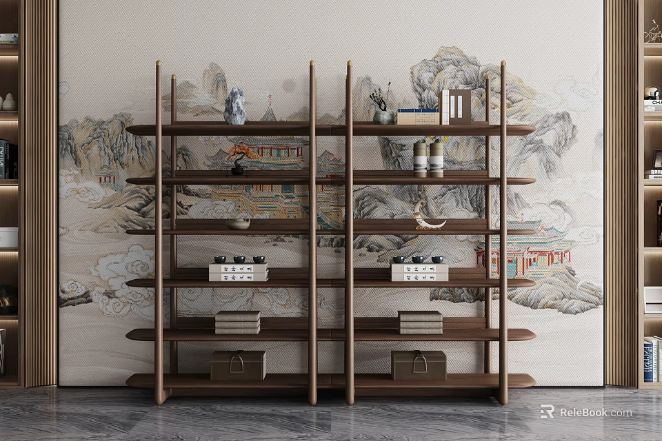 Pair of Multi layer Wooden Shelving Units with Ornaments Books and Boxes in Modern Chinese Style 3d model 