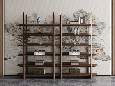 Pair of Multi layer Wooden Shelving Units with Ornaments Books and Boxes in Modern Chinese Style 3d model
