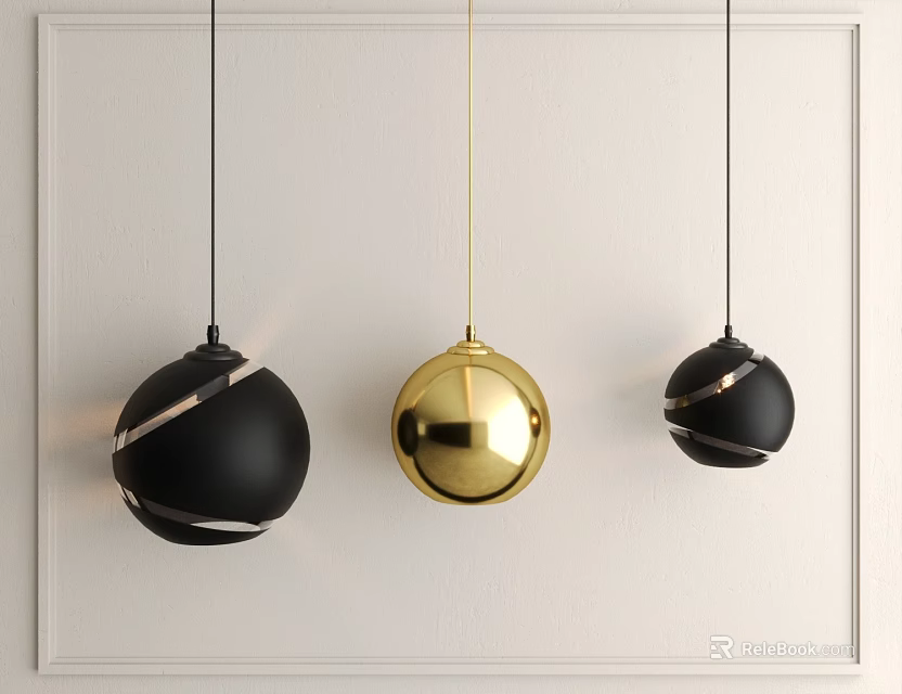 Modern Spherical Pendant Lights In Black And Gold With Decorative Lines On White Wall 3d model 