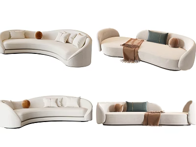 Modern Unique Shape Sofa With Beige Fabric Decorative Pillows And Throw Blanket Interior 3d model