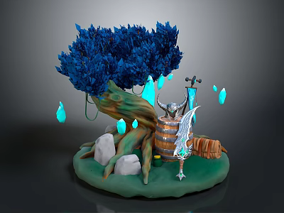 Dense Blue Tree with Brown Textured Trunk Glowing Blue Droplets and White Stones 3d model