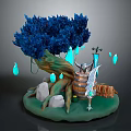 Dense Blue Tree with Brown Textured Trunk Glowing Blue Droplets and White Stones