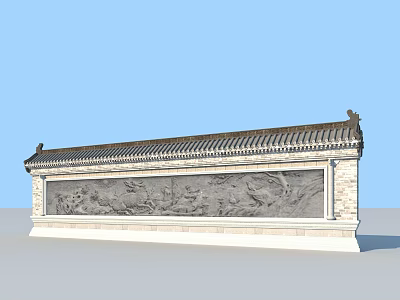 Ancient Chinese Architectural Screen Wall With Elaborate Stone Relief Carvings And Traditional Tile Roof 3d model