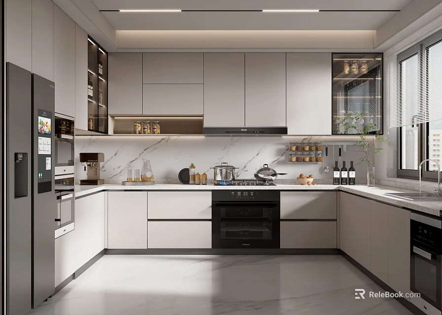 Modern Kitchen Interior With Cabinets Appliances And Marble Countertop Design 3d model 