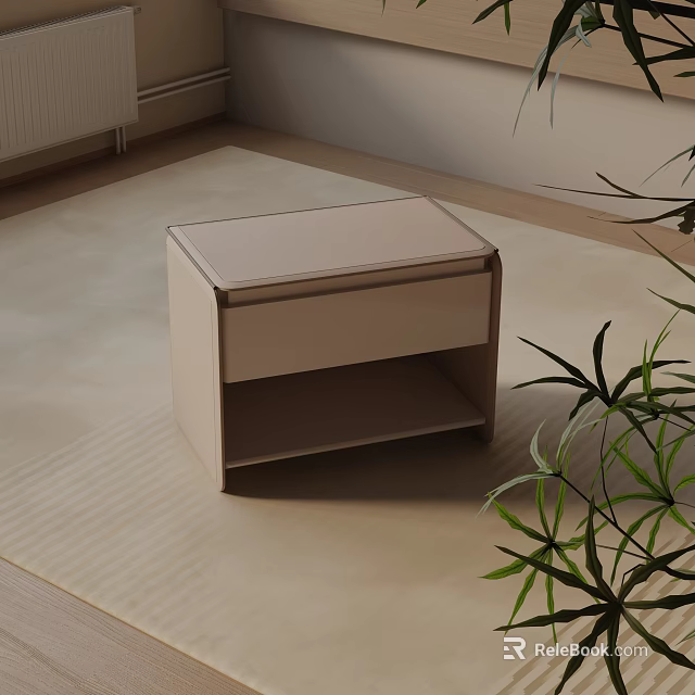 Modern Beige Bedside Table With Drawer Open Shelf And Green Plant On Neutral Carpet 3d model 