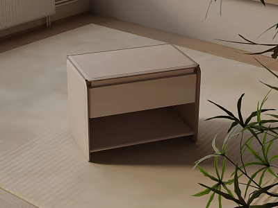 Modern Beige Bedside Table With Drawer Open Shelf And Green Plant On Neutral Carpet 3d model