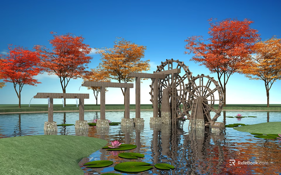 Decorative Garden Ornament Featuring Wooden Waterwheel Colorful Trees and Pond with Water Lilies 3d model 