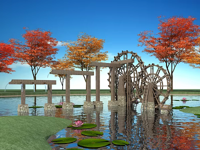 Decorative Garden Ornament Featuring Wooden Waterwheel Colorful Trees and Pond with Water Lilies 3d model