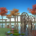 Decorative Garden Ornament Featuring Wooden Waterwheel Colorful Trees and Pond with Water Lilies