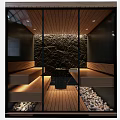 Modern Sauna Interior Design With Wooden Benches Stone Wall Pebble Floor And Recessed Lighting