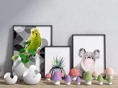 Decorative Ornament Set Including Picture Frames Parrot Succulent Koala and Mushroom Figurines 3d model